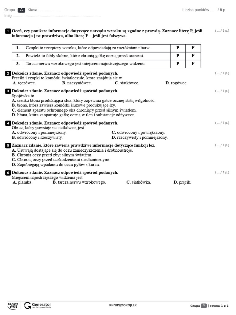 Kartk wka narz dy zmys w lekcja 1 test z widoczn punktacj pdf