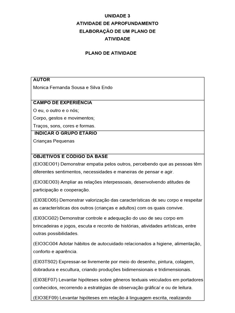 Prática de Ensino em Educação Infantil - Modelo Atividade III - Plano ...