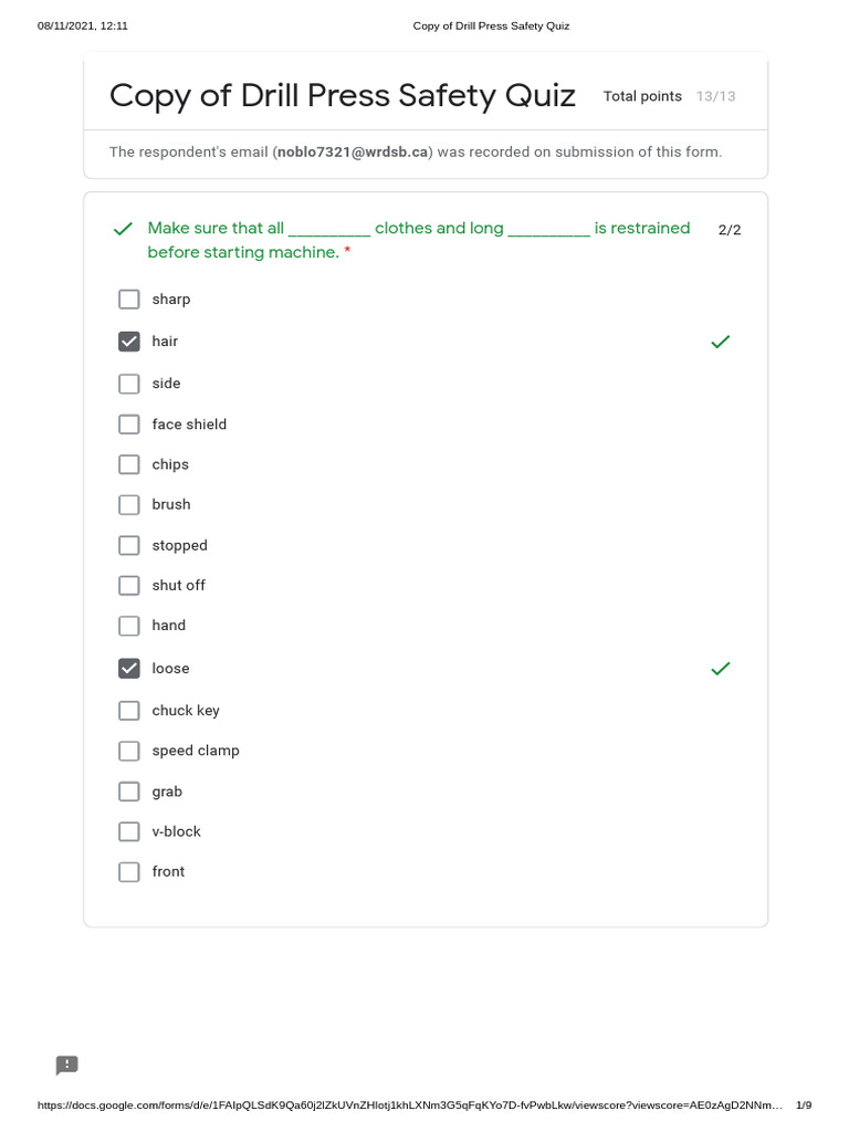 Drill Press Safety Quiz Answers PDF