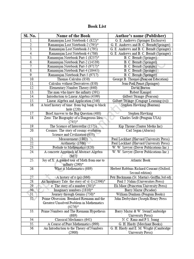 Book list for math departmental library pdf