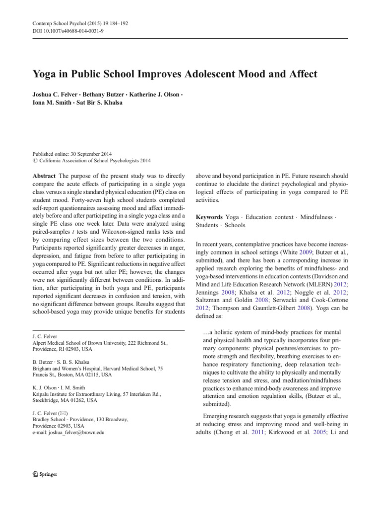 Yoga's Impact on Student Mood in Schools | PDF | Mindfulness | Affect ...