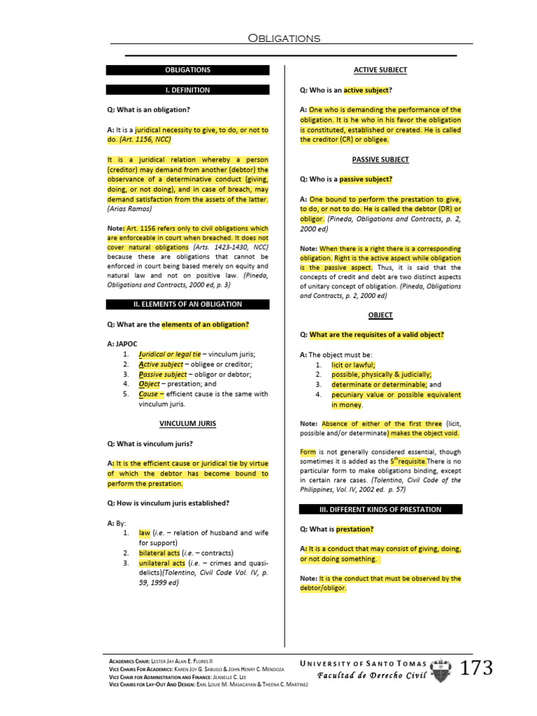 UST Golden Notes in Obligations and Cont PDF Law Of Obligations