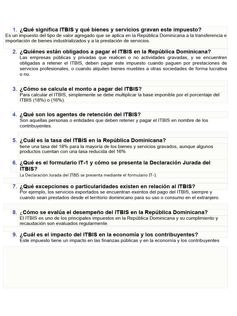 Cuestionario ITBIS | PDF | Impuestos | Porcentaje