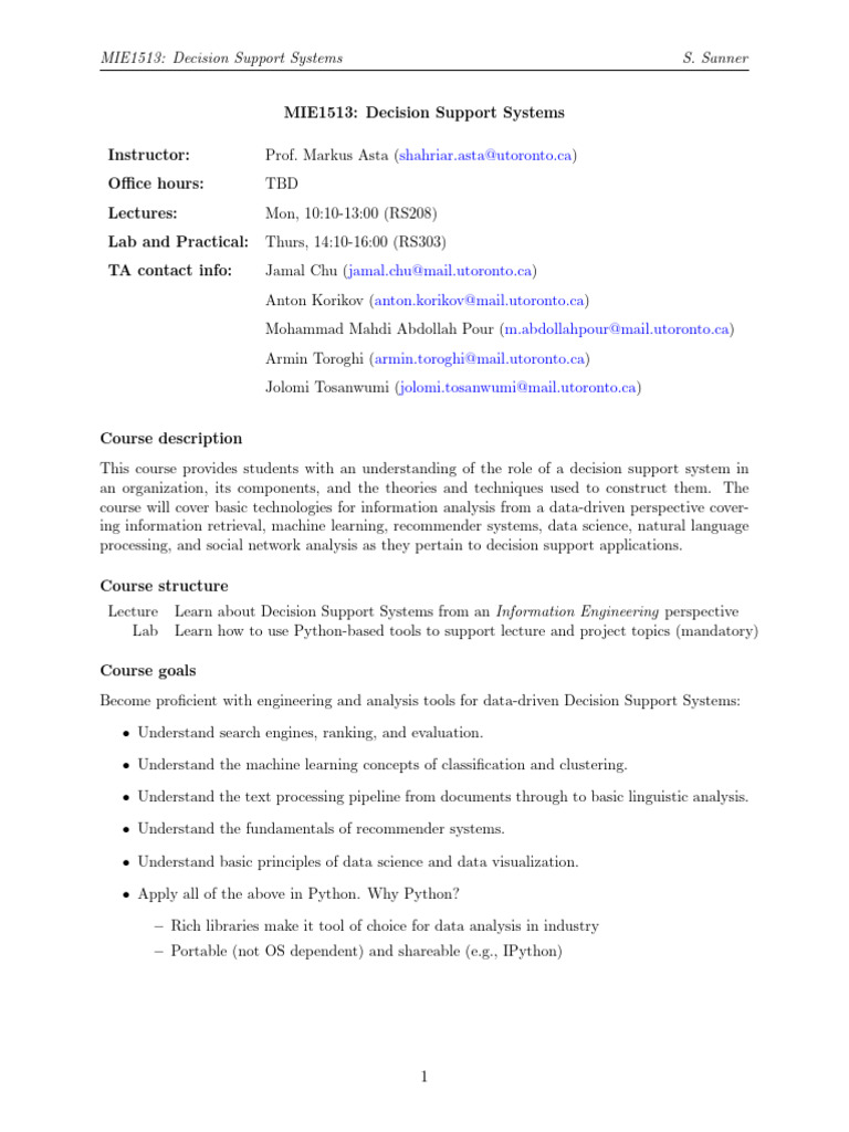 MIE1513: Decision Support Systems Syllabus | PDF