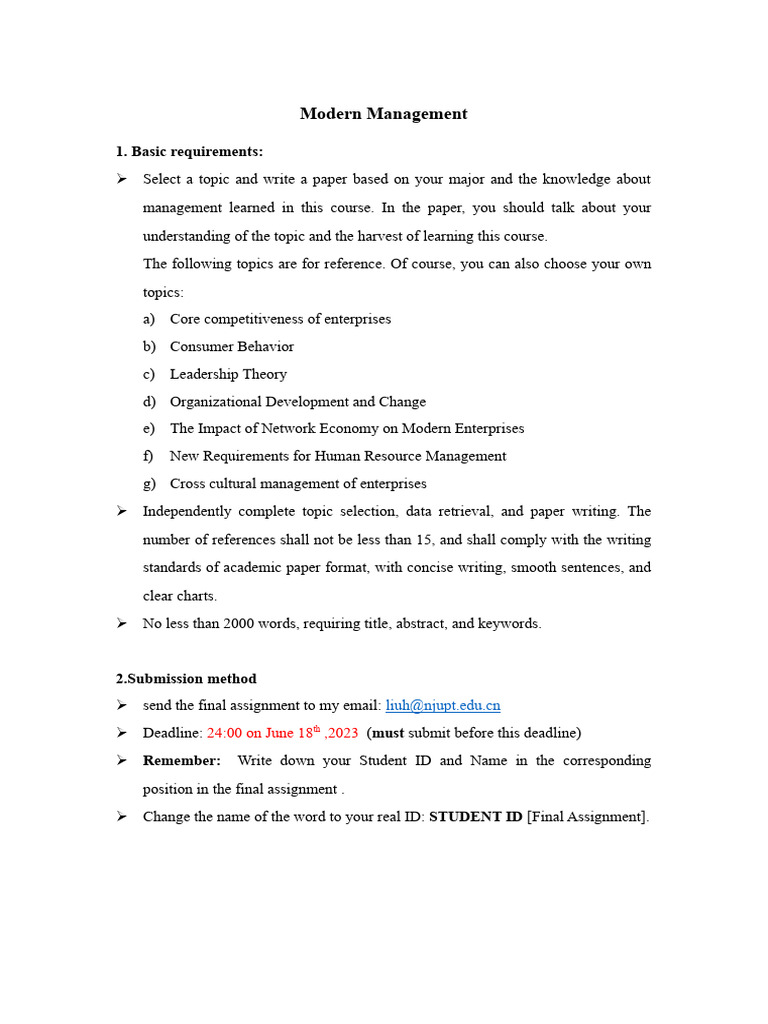 Requirement of The Final Assignment (Modern Management) PDF