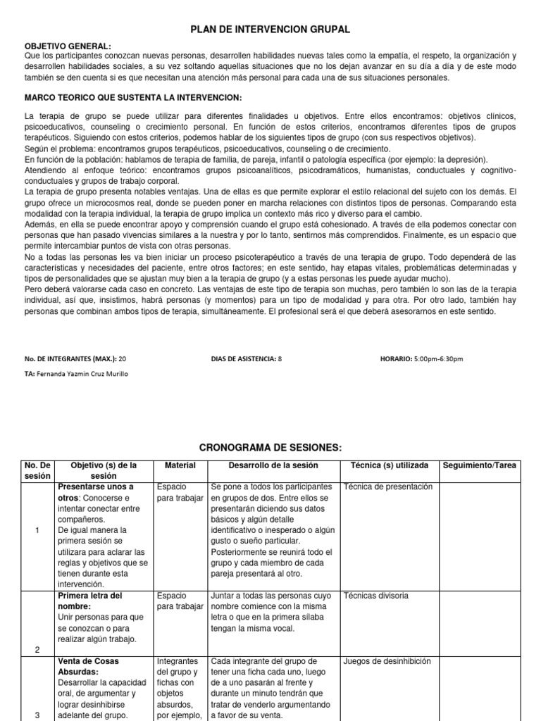 Plan de Intervencion Grupal Marcela | PDF
