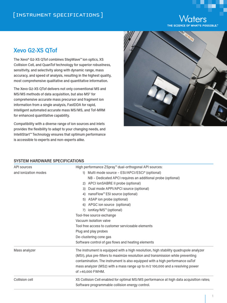 Xevo G2 XS QTof Specification Sheets PDF Tandem Mass Spectrometry