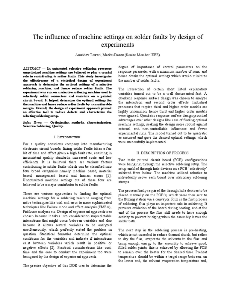 The Influence of Machine Settings on Solder Faults by Design of