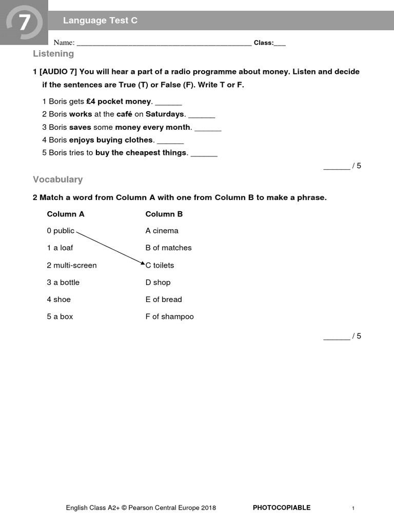 ECA2+ - Tests - Language Test 7C - 2018 | PDF | English Language ...