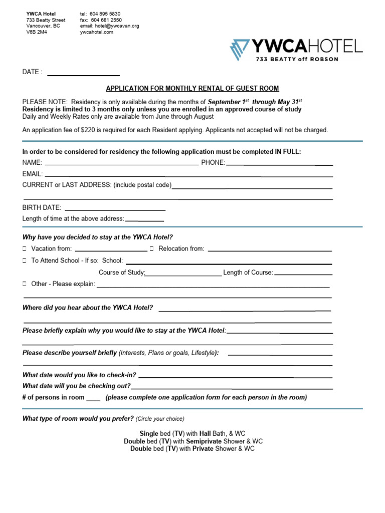 YWCA Resident Application 2022 PDF American Express Fee