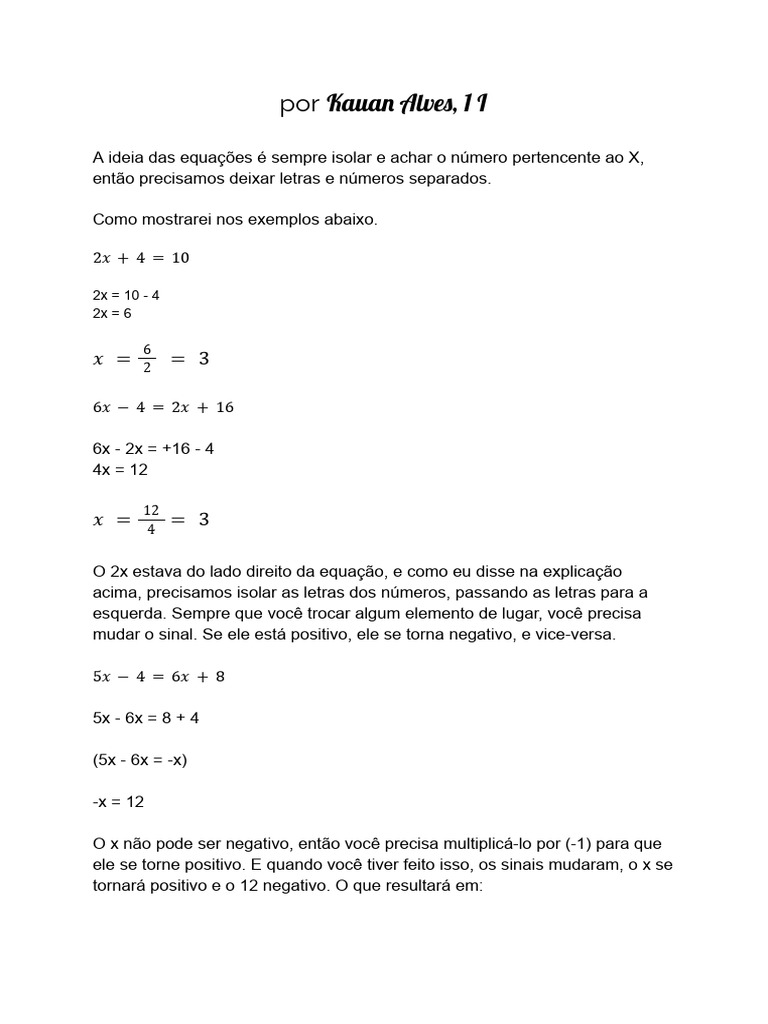 Equação de Primeiro Grau | PDF | Equações | Matemática