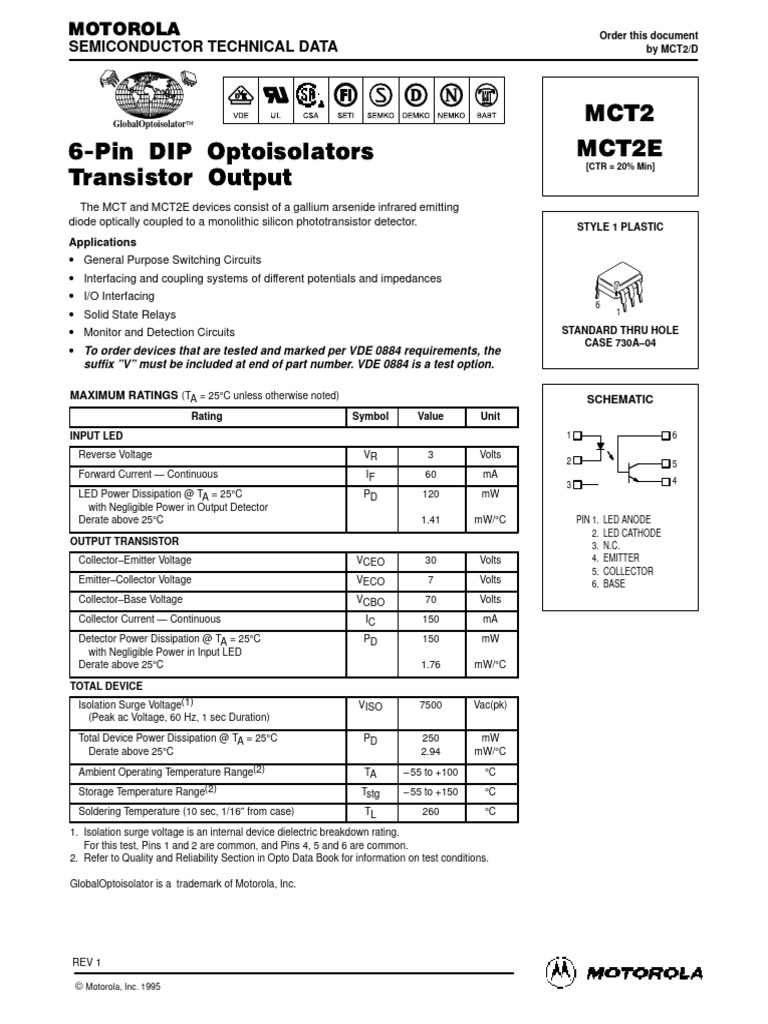 MCT2 6 PINES Optoisolators Transistor Output PDF Light Emitting