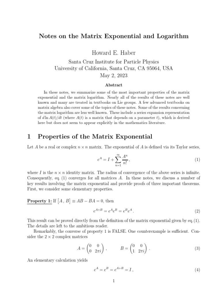 Matrix Exponential and Logarithm Properties | PDF | Matrix (Mathematics ...