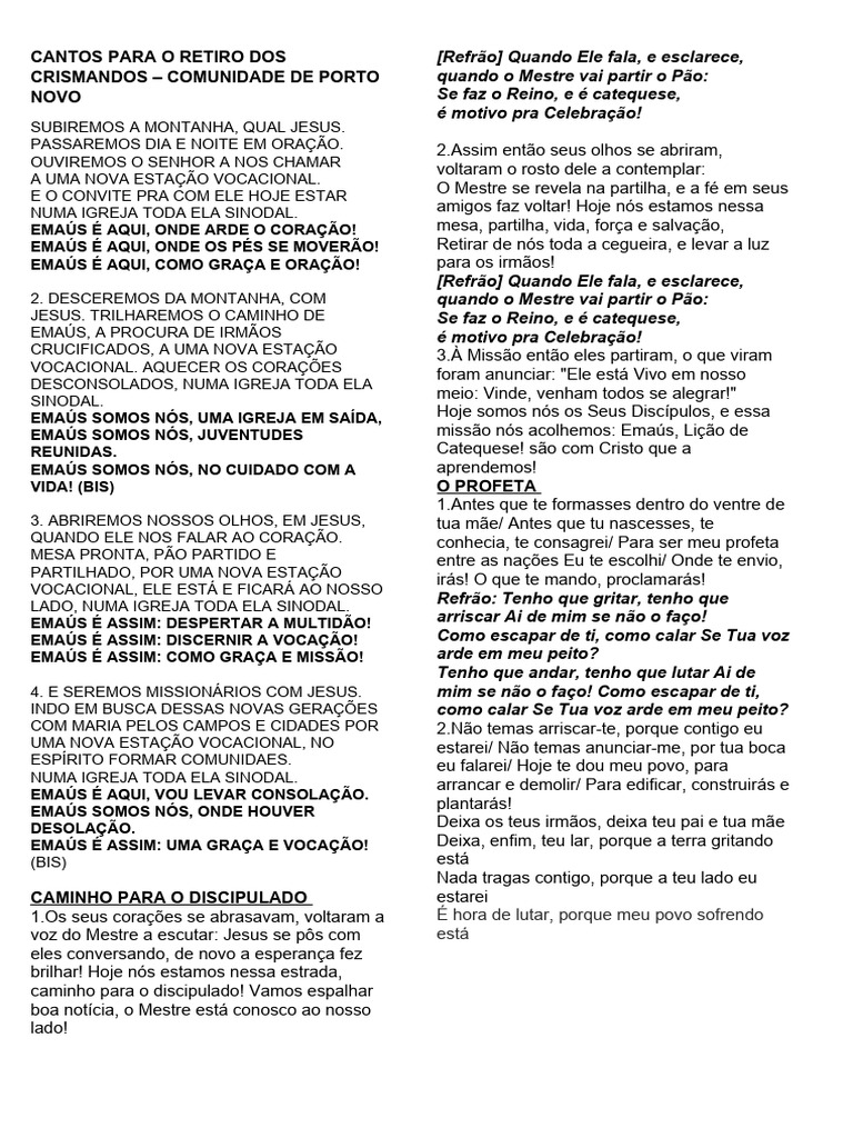Cantos Para O Retiro Dos Crismandos Download Grátis Pdf Jesus Oração