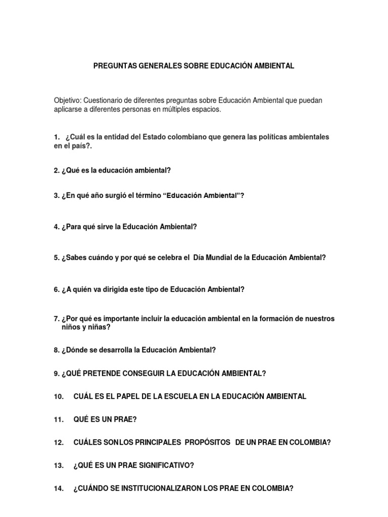 Preguntas sobre Educación Ambiental | PDF | Entorno natural ...