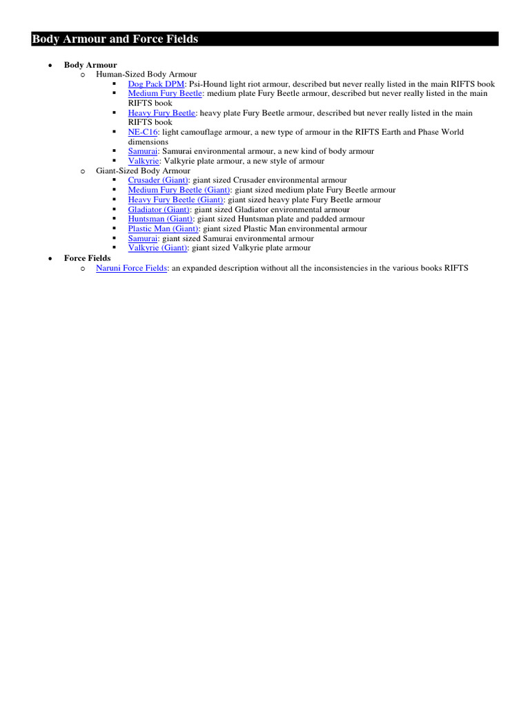 Rifts - Body Armour and Force Fields | PDF | Armour | Infrared