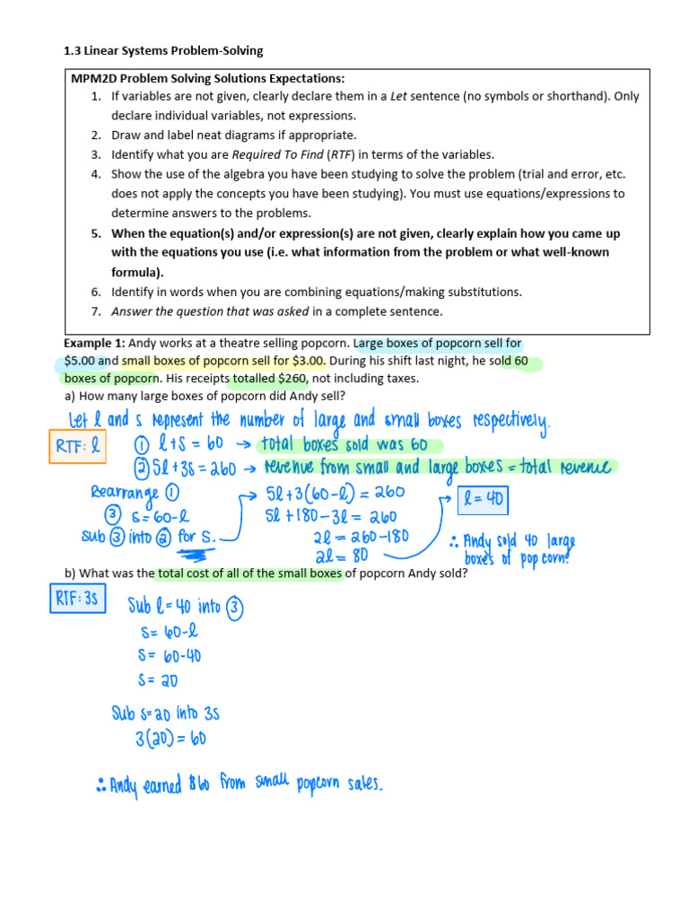 1.3+Linear+Systems+Problem Solving+ | PDF