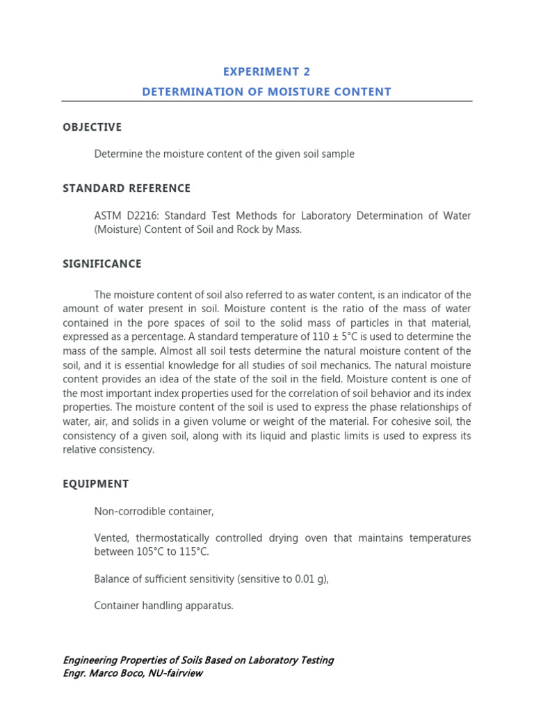 Moisture Content Determination in Soil | PDF | Soil | Physical Sciences