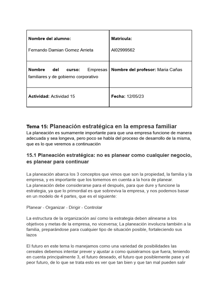 Act 15 Empresas Familiares y Gobierno Corporativo | PDF | Planificación ...