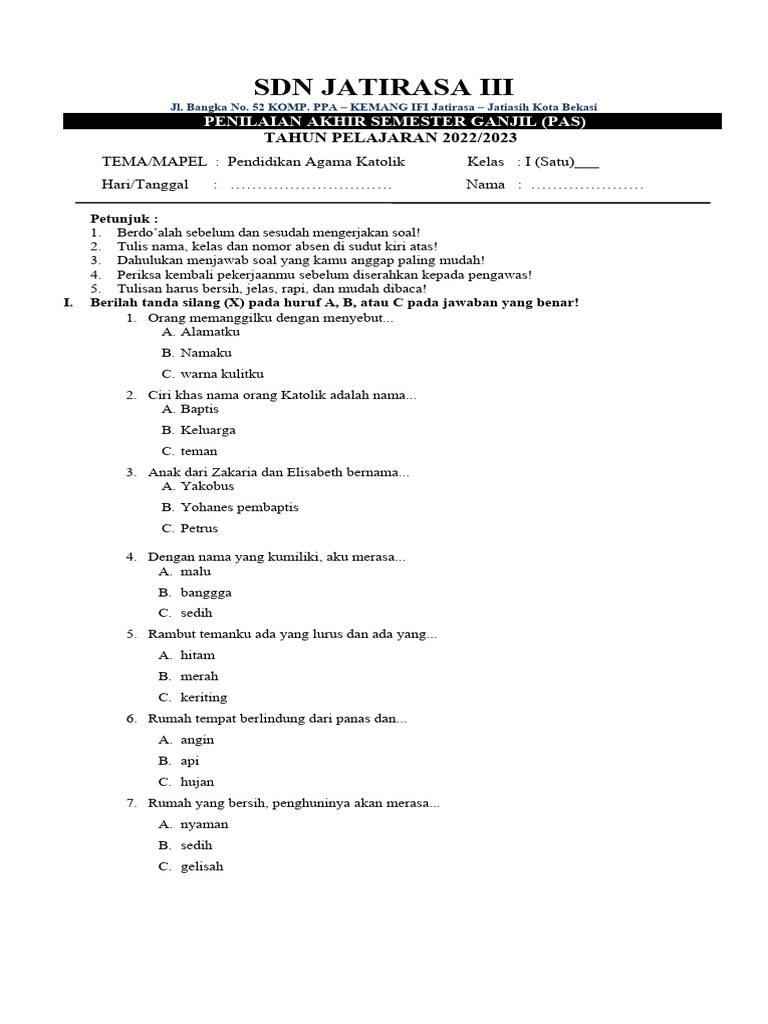 Soal Agama Katolik Kls 1 Pdf
