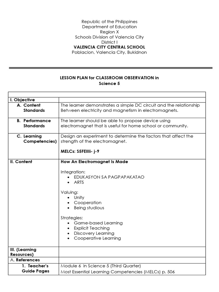 Science 5 Lesson Plan: Electromagnets | PDF | Technology & Engineering