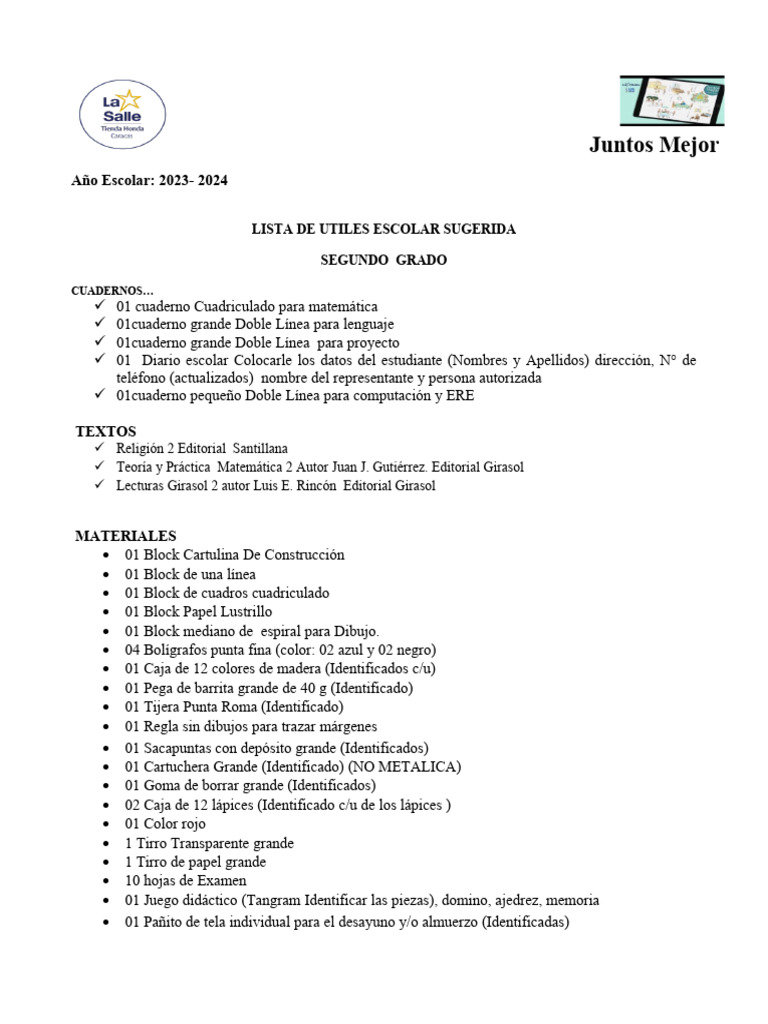 Lista de Útiles Escolares 2° Grado 2023-2024 | PDF