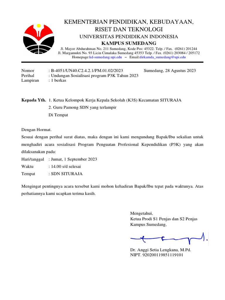 Surat Undangan Sosialisasi P3K-KEPALA SEKOLAH | PDF