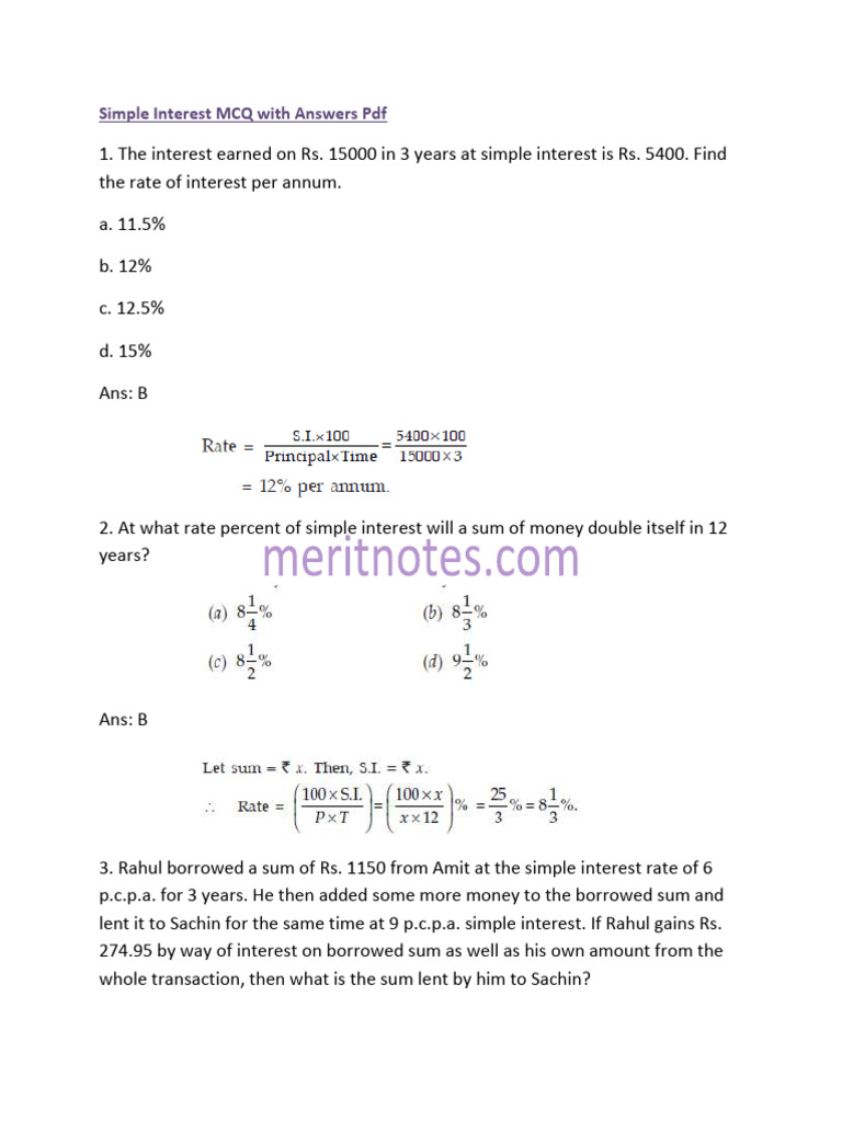 Simple Interest MCQ Questions | PDF