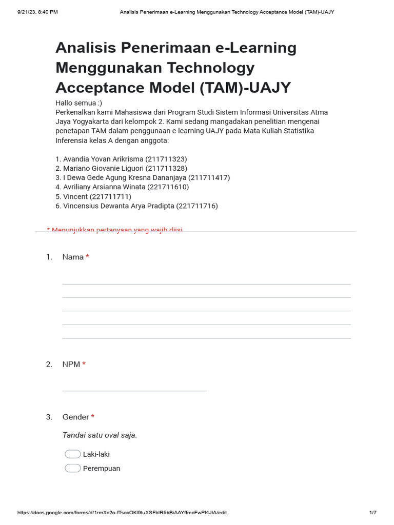Analisis Penerimaan E-Learning Menggunakan Technology Acceptance Model ...