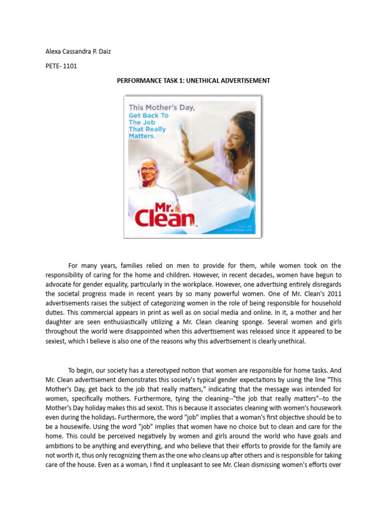Mr. Clean's 2011 Mother's Day Ad Critique | PDF | Sexism | Advertising
