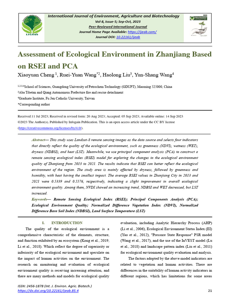 Assessment of Ecological Environment in Zhanjiang Based On RSEI and PCA ...