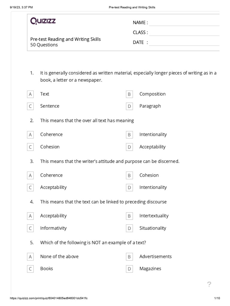 Pre-Test Reading and Writing Skills | PDF | Intertextuality | Parody