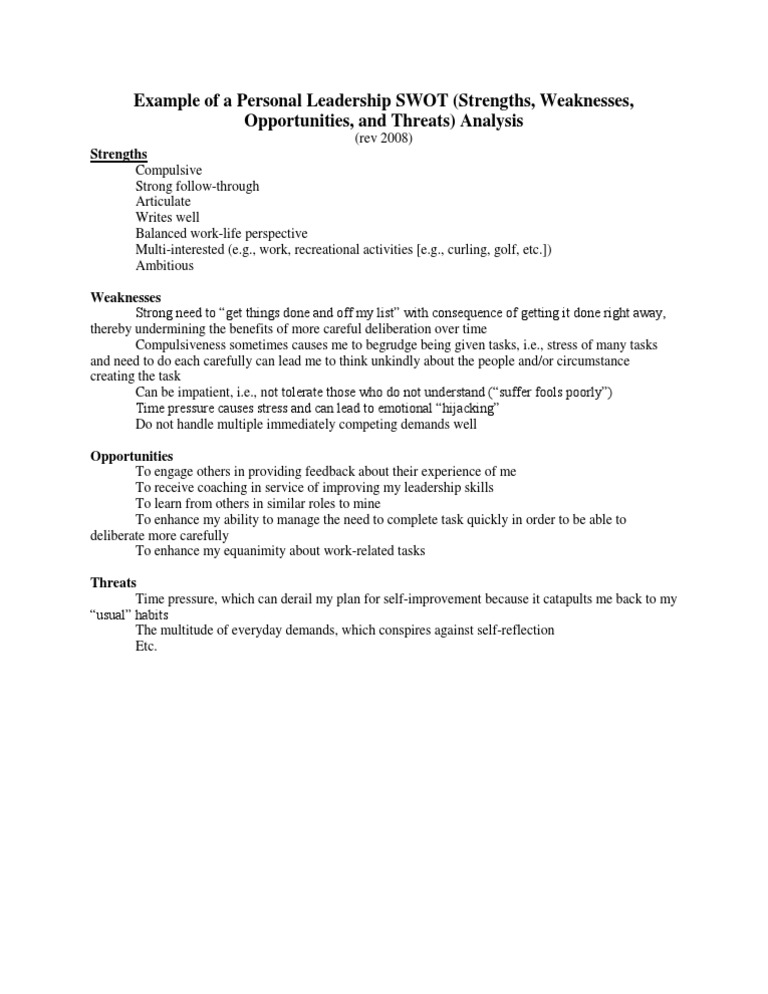 Personal Leadership SWOT Analysis Example | PDF | Swot Analysis ...