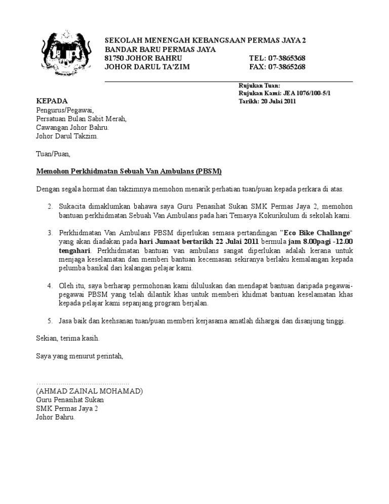 Contoh Surat Memohon Murid Pbsm Untuk Kejohanan Olahraga