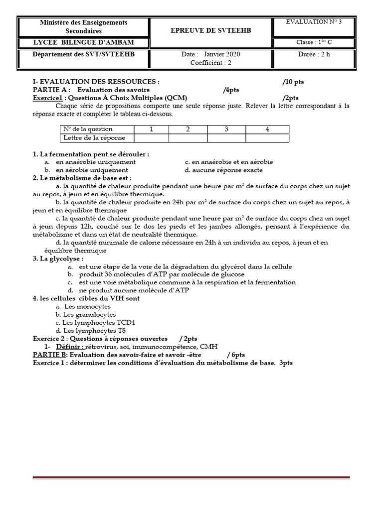 Évaluation SVT 1ère C - Lycée Ambam | PDF