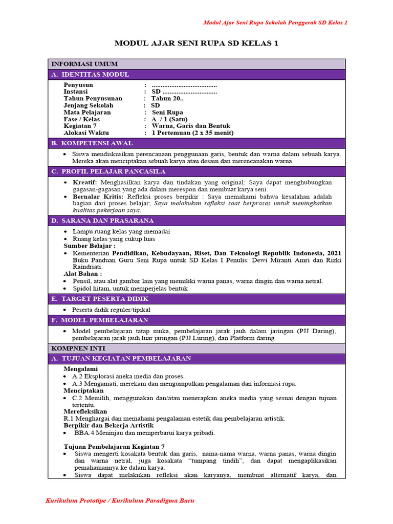 Modul Ajar Seni Rupa Kelas 1 SD | PDF | Karier & Perkembangan | Seni