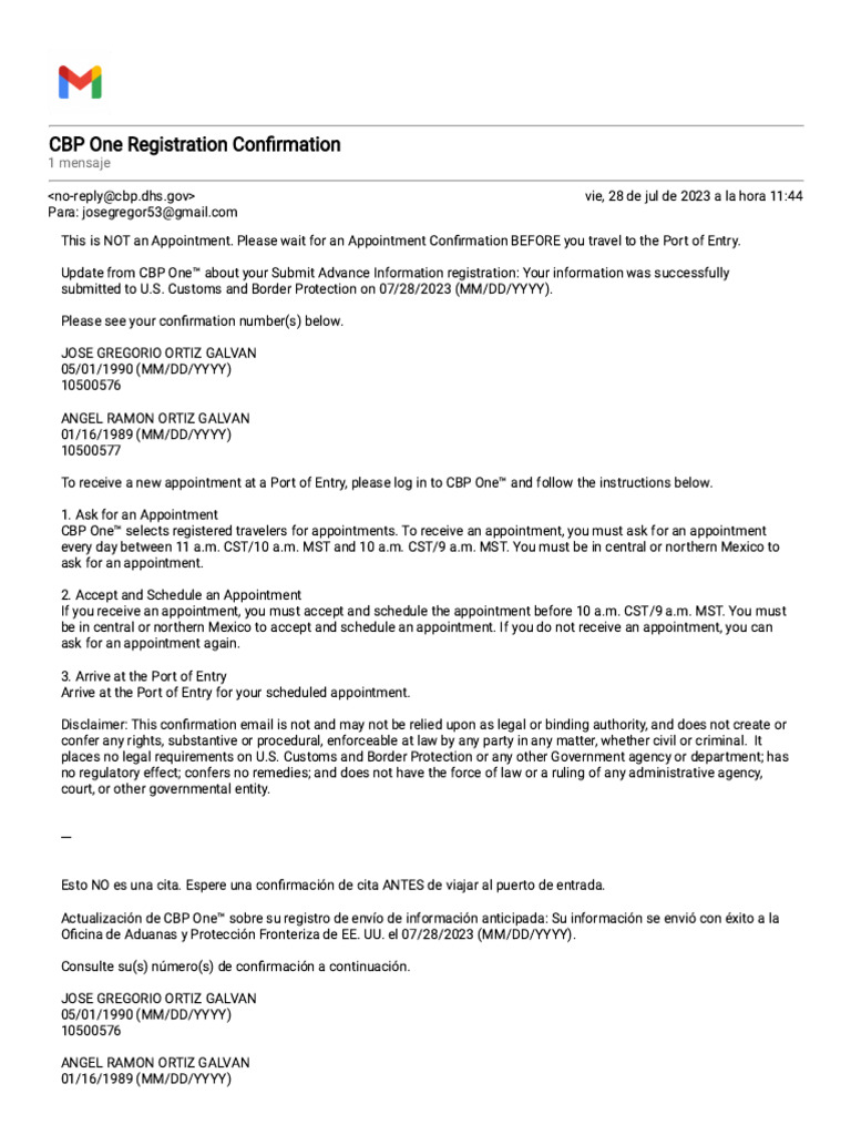 Gmail CBP One Registration Confirmation PDF U.S. Customs And