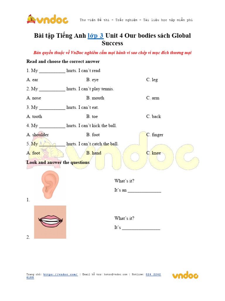 Bai Tap Tieng Anh Lop 3 Unit 4 Our Bodies Sach Global Success | PDF