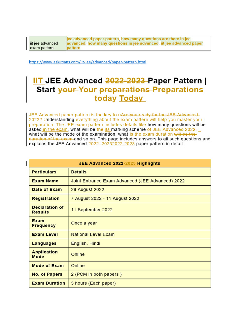 Iit Jee Advanced Exam Pattern | PDF