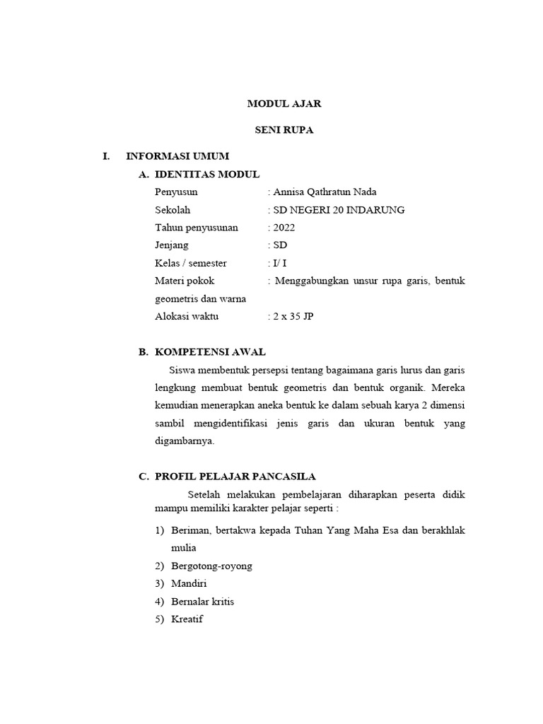 Modul Ajar Seni Rupa Kelas 1 SD | PDF