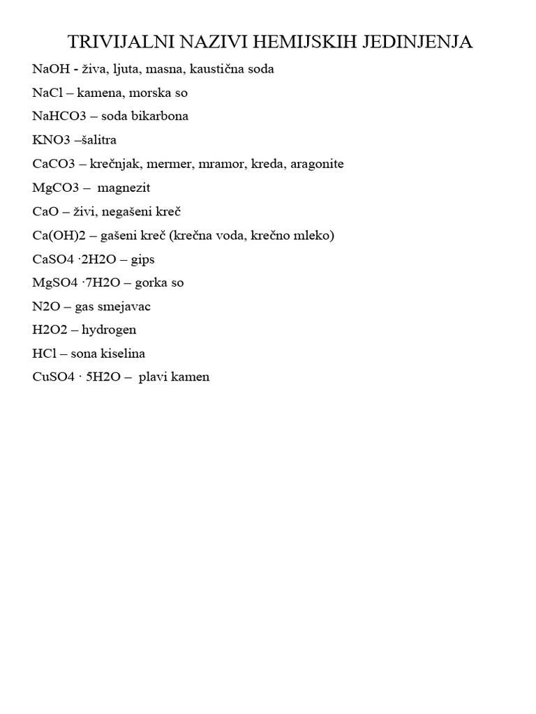 Trivijalni Nazivi Hemijskih Jedinjenja | PDF