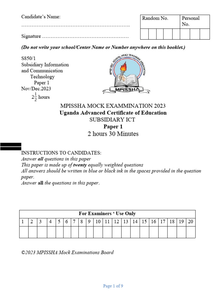 Uace Ict Paper One Mpissah Mock 2023 PDF Computer Network Computing