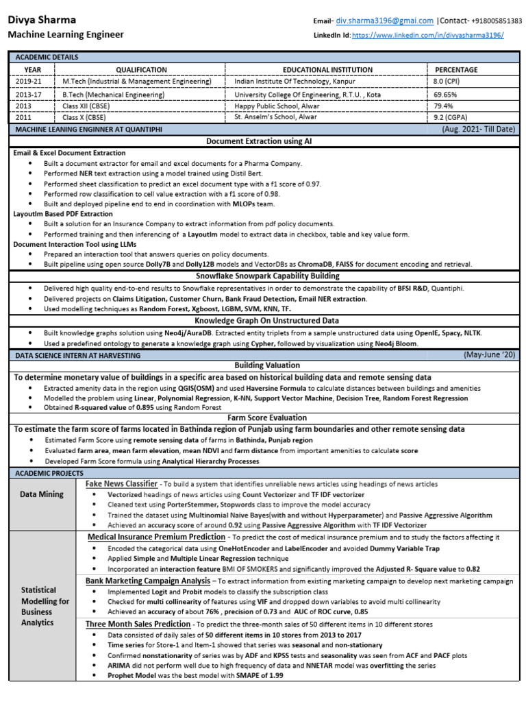 Machine Learning Engineer Resume | PDF | Regression Analysis ...