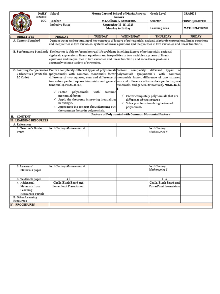 Week 1 Q1 G8 1 Dll Pdf Polynomial Factorization