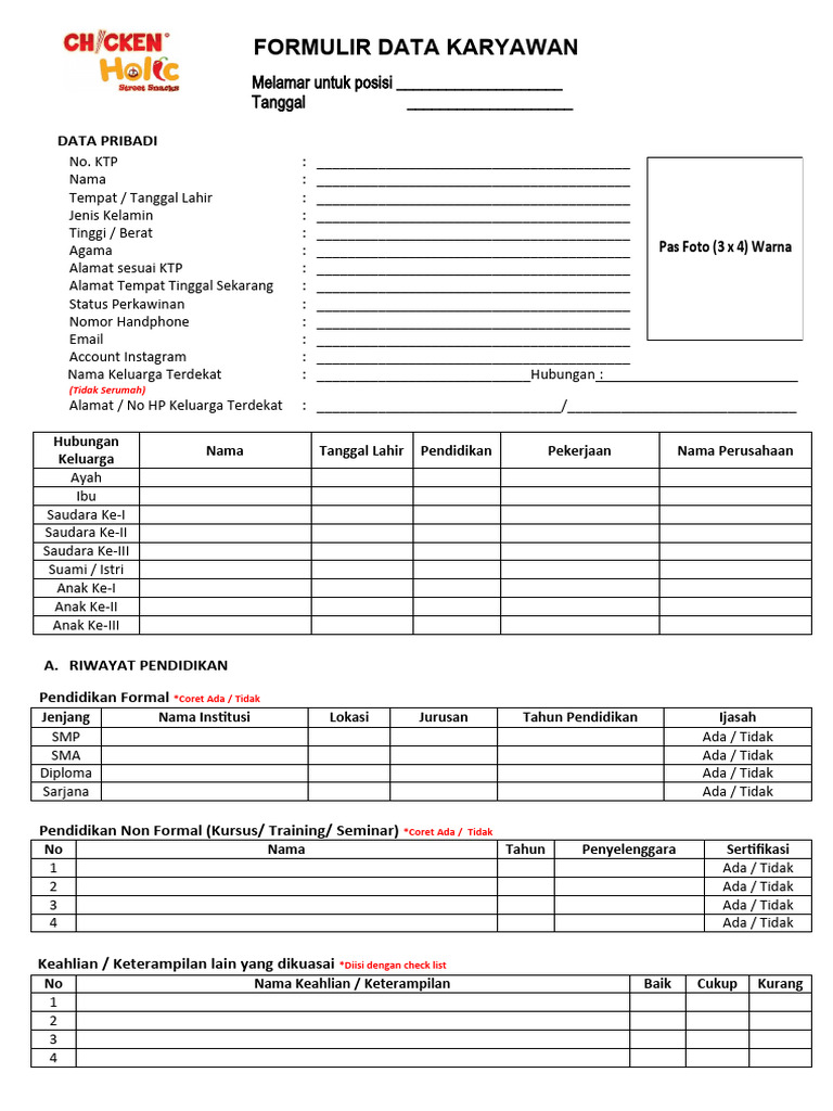 Form Biodata Karyawan Chicken Holic | PDF