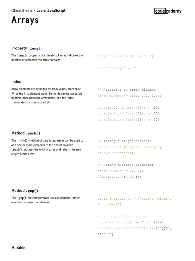 JavaScript - Arrays Cheatsheet - Codecademy | PDF