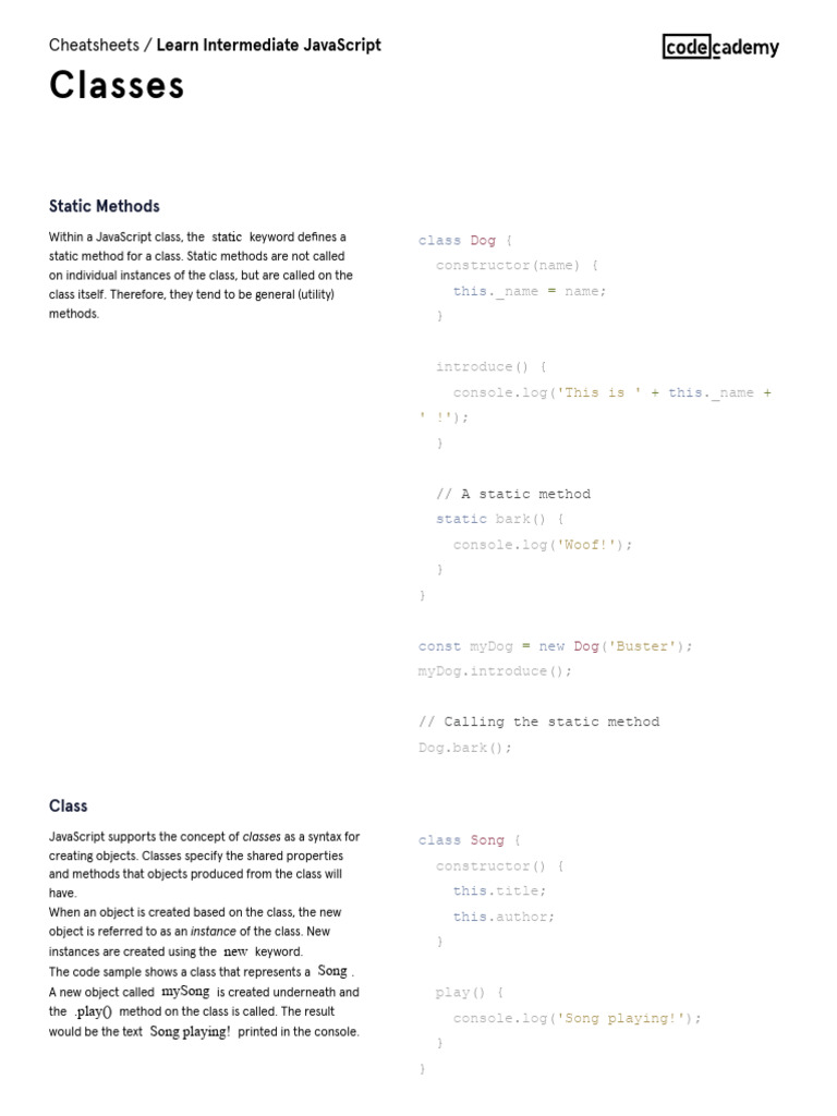 JavaScript - Classes Cheatsheet - Codecademy | PDF