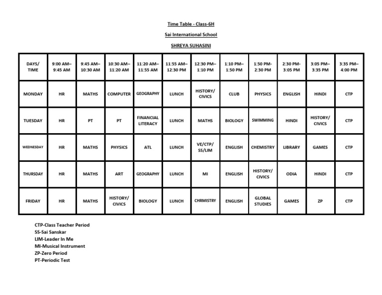 Class 6H Timetable Overview | PDF