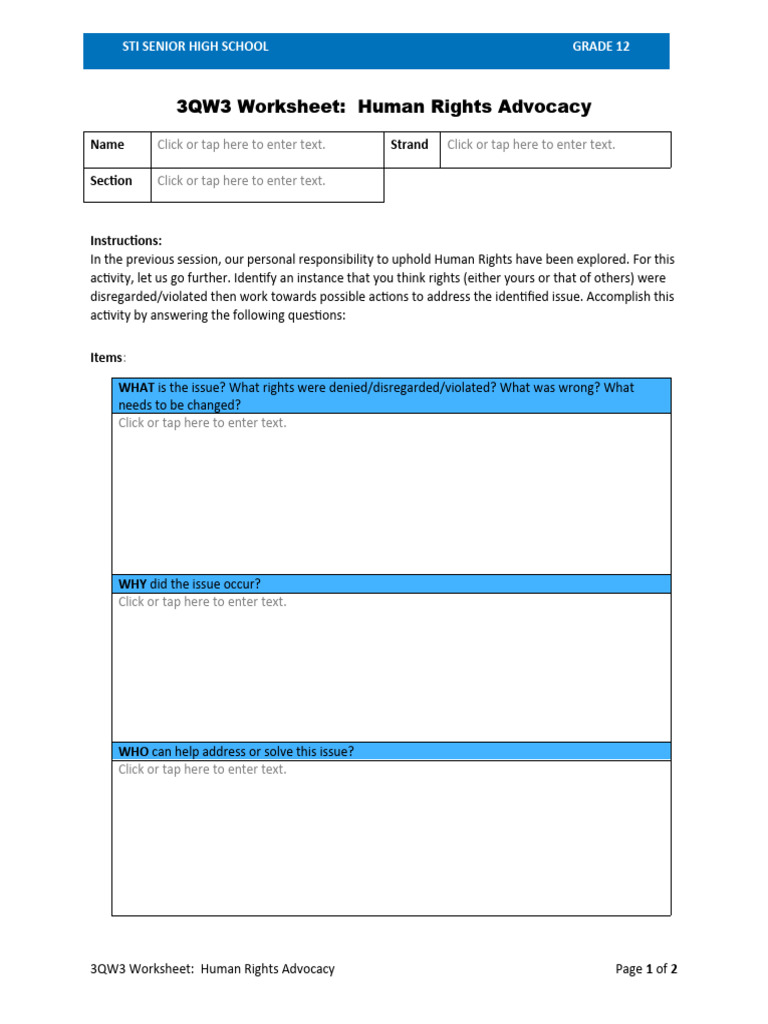 G123qw3 Worksheet Human Rights Advocacy Pdf