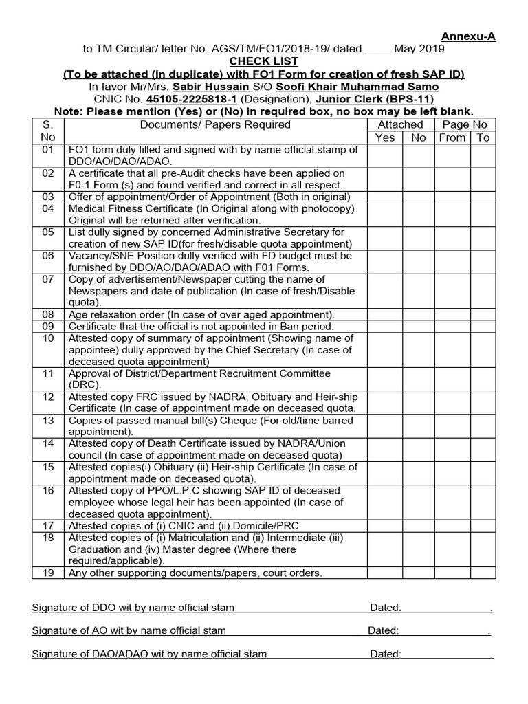 FO1 Form Submission Checklist | PDF